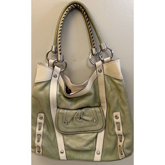 B. Makowsky sage green and white leather slouchy shoulder bag - Picture 2 of 12